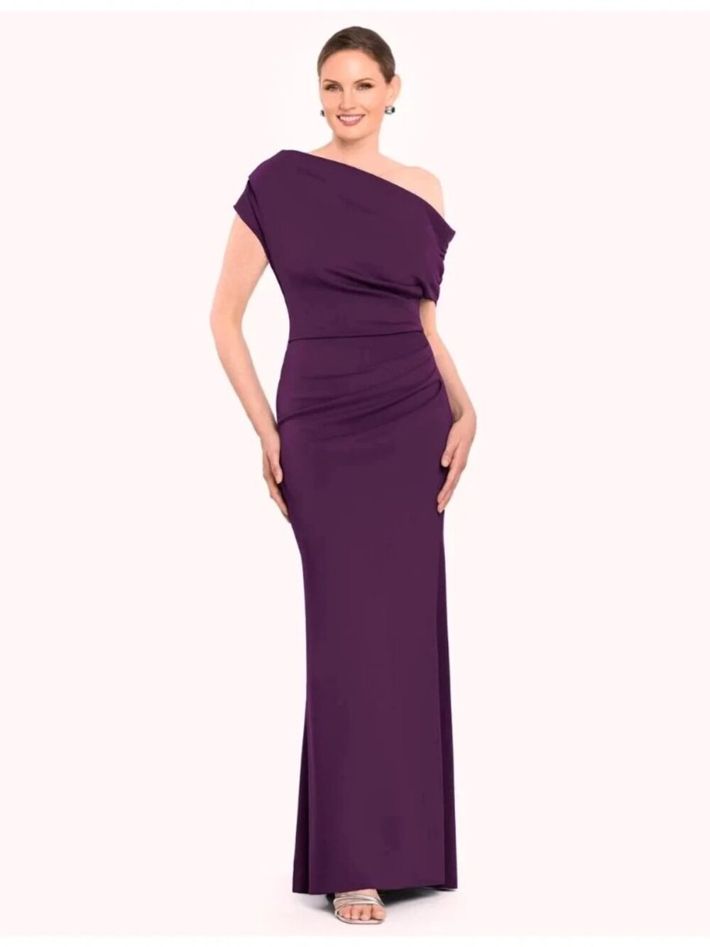 Betsy & Adam Plum Purple Off-The-Shoulder Ruched Scuba Long Dress
